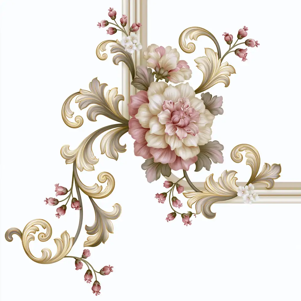Baroque Floral Ornament with Pink and White Flowers and Acanthus Scrolls