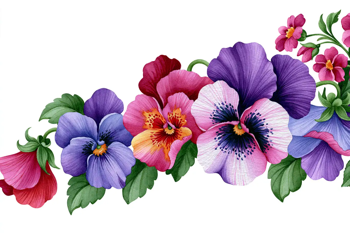 Watercolor Pansy Flowers Arrangement Floral Border