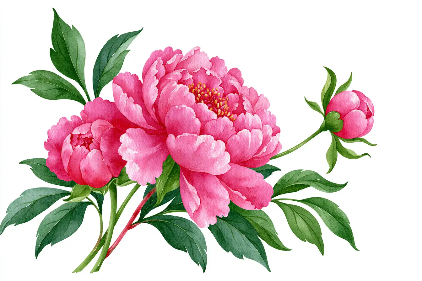 Watercolor pink peony flowers with green leaves on white background