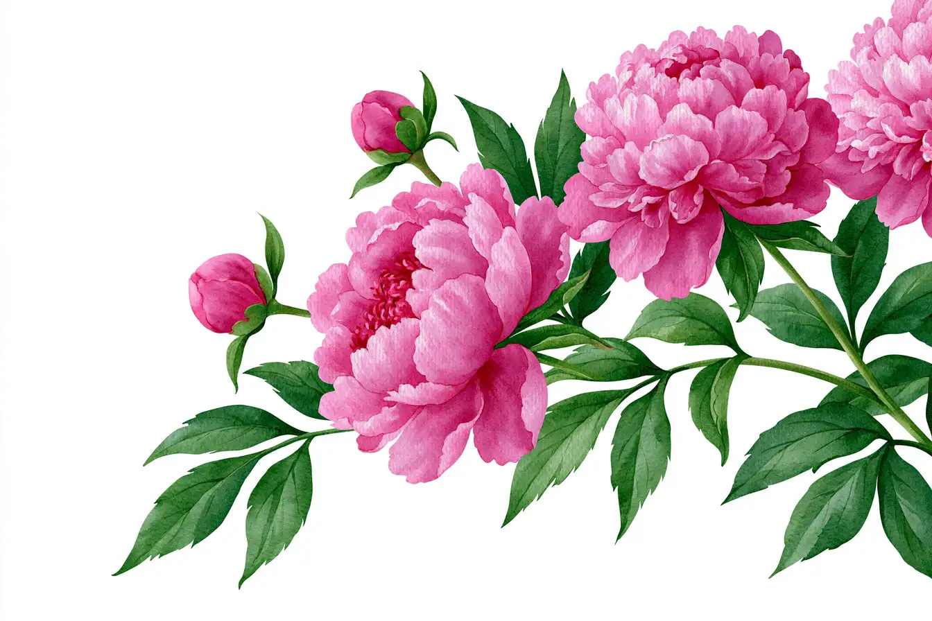 Watercolor pink peony flowers with green leaves on white background