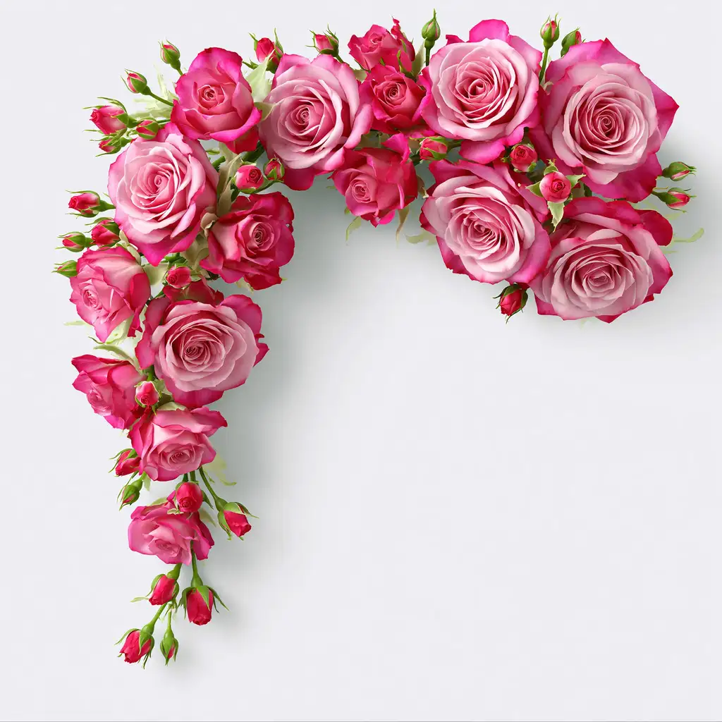 Pink roses corner arrangement with buds on white background