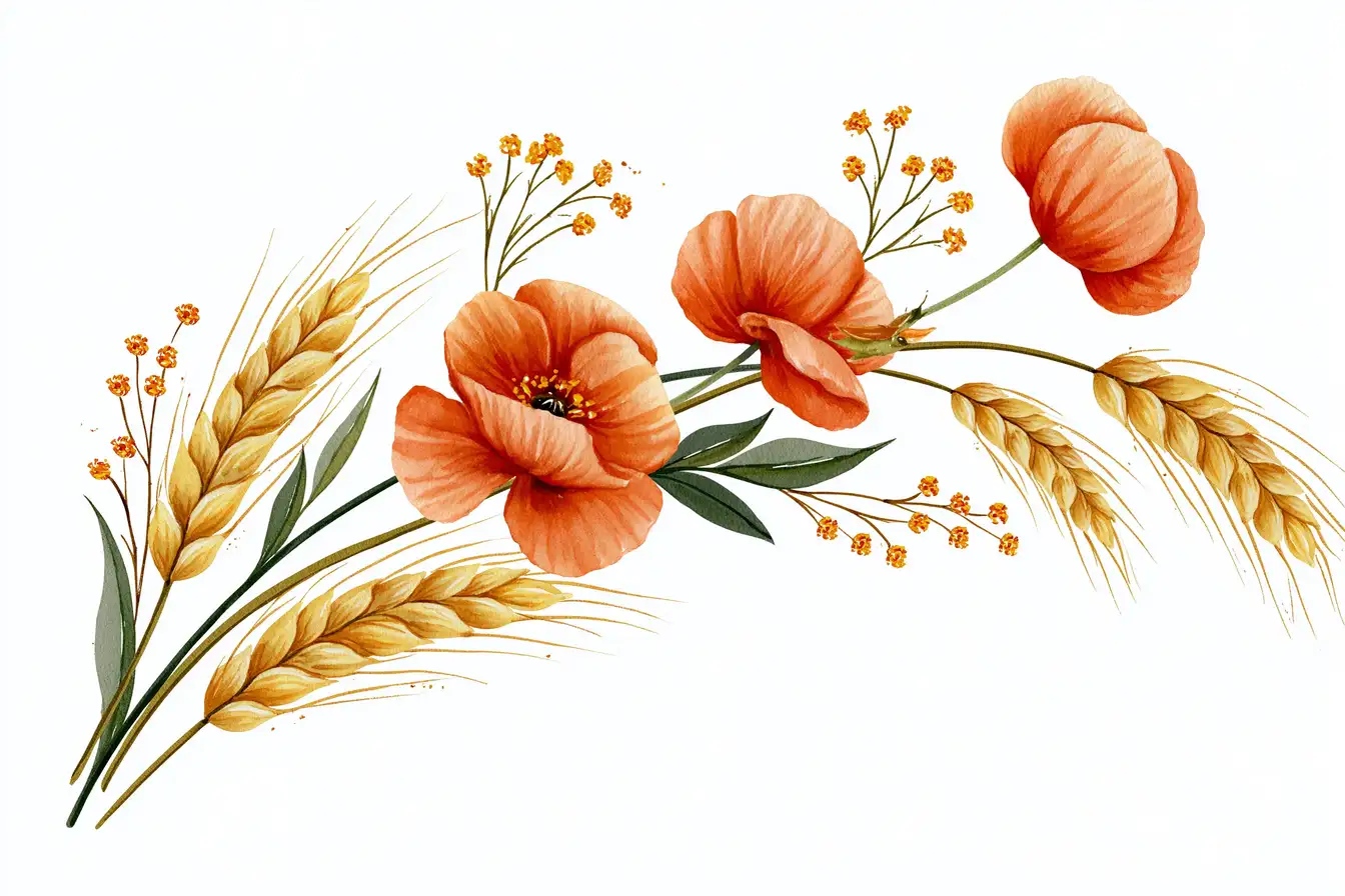 Watercolor floral arrangements with orange poppies and wheat