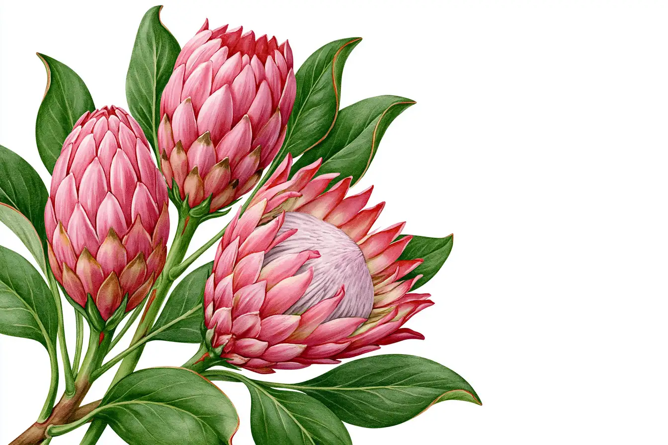 Botanical illustration of pink protea flower arrangements with green leaves on white background