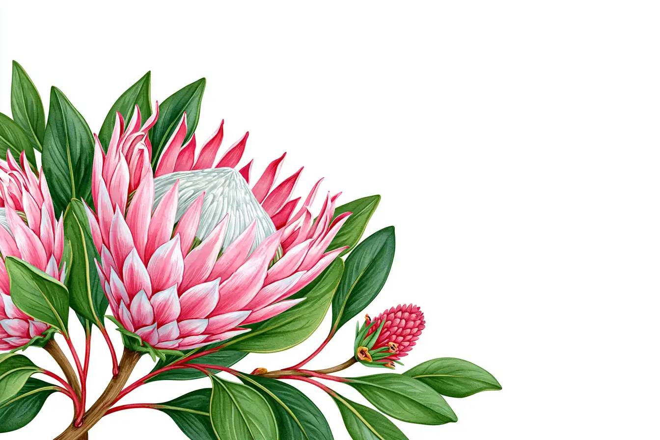 Botanical illustration of pink protea flower arrangements with green leaves on white background