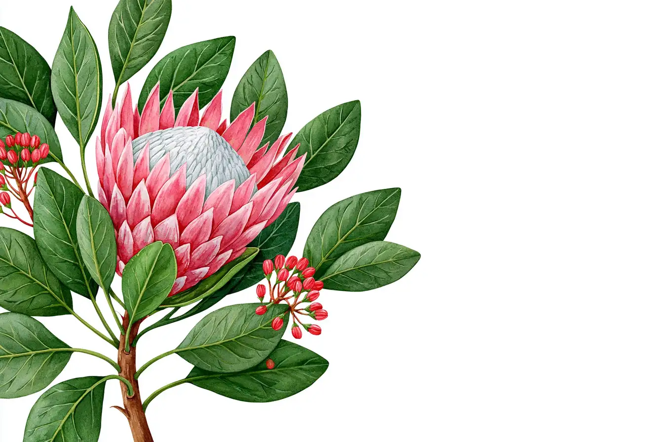 Botanical illustration of pink protea flower arrangements with green leaves on white background