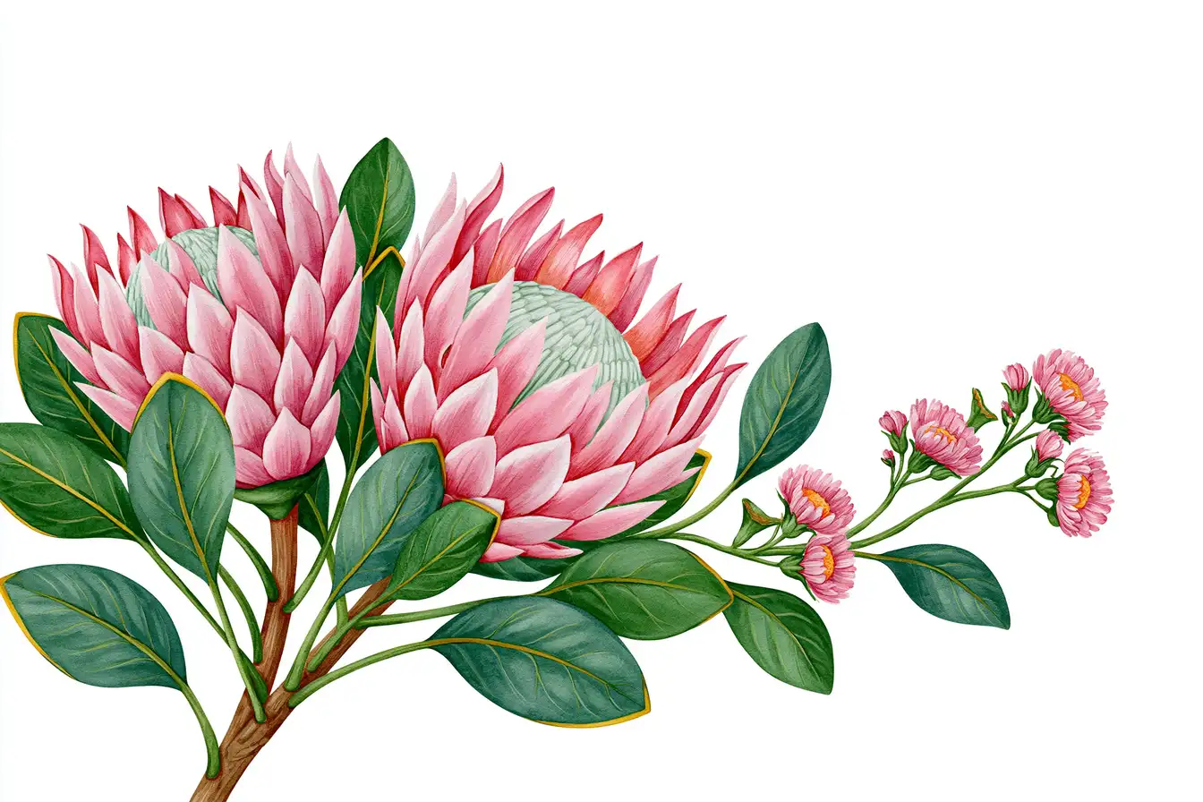 Botanical illustration of pink protea flower arrangements with green leaves on white background