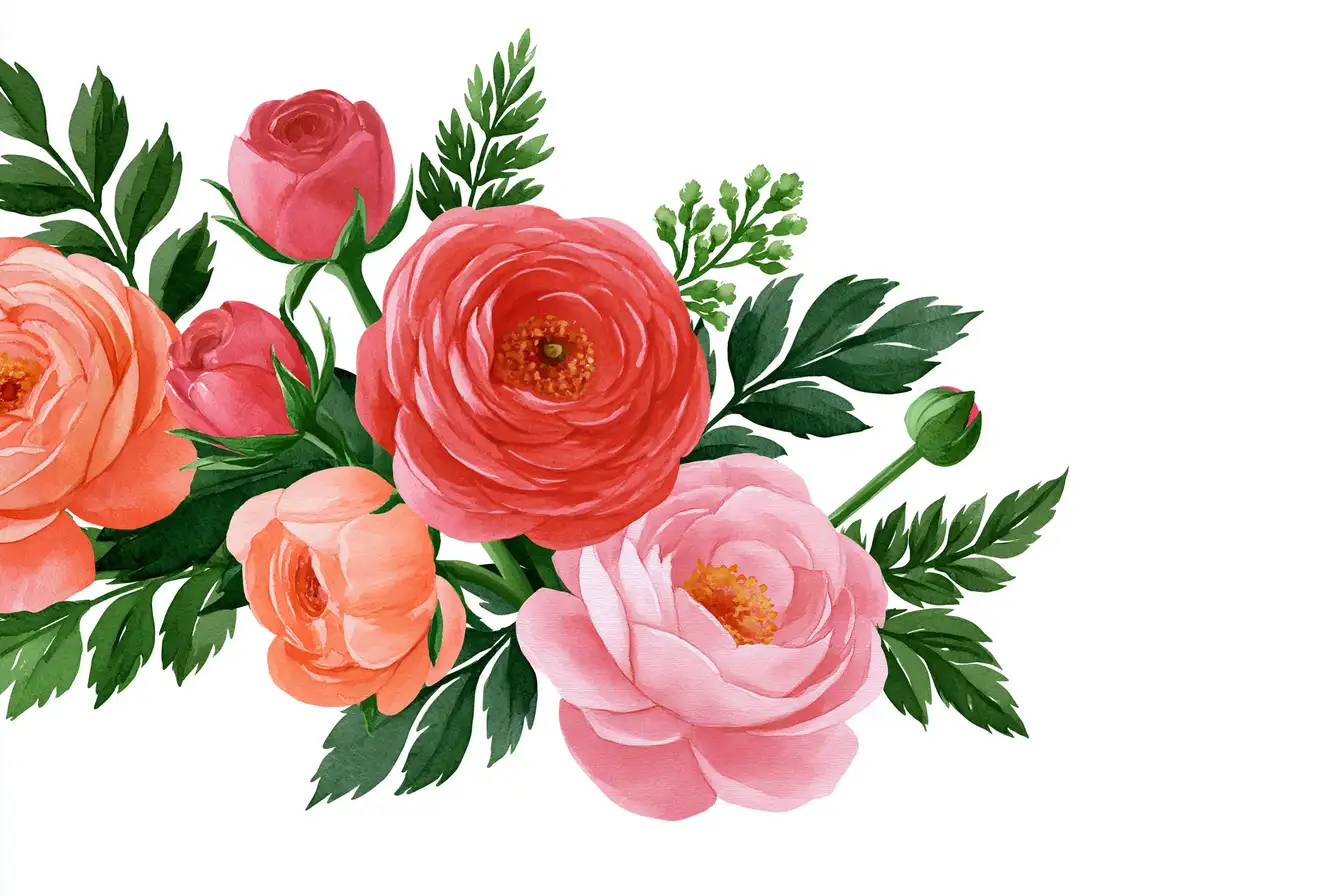 Watercolor ranunculus flower arrangement on white background