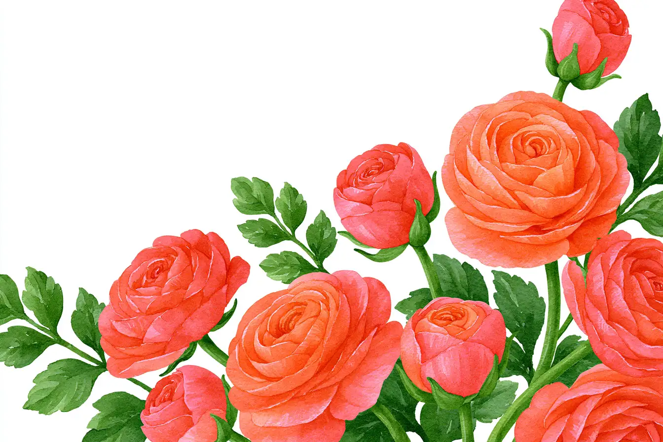 Watercolor ranunculus flower arrangement on white background