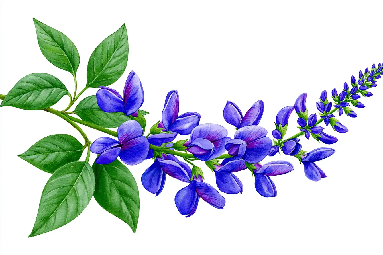 Watercolor illustration of blue flower branches with green leaves