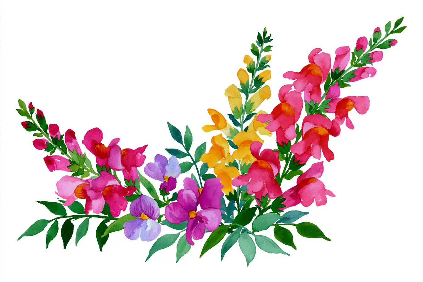 Watercolor floral arrangement with colorful snapdragons and green leaves on white background