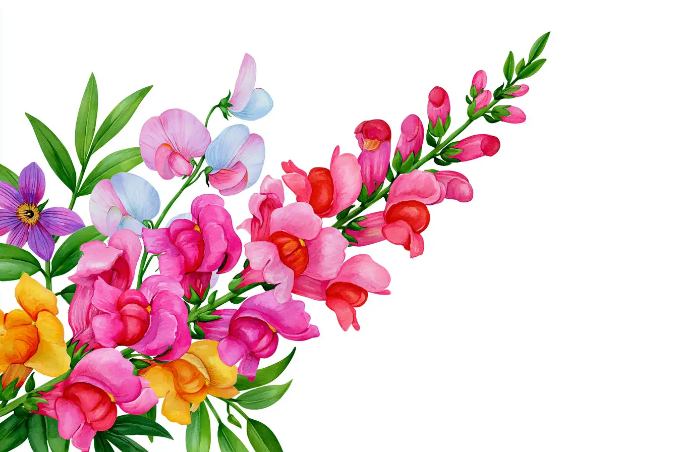 Watercolor floral arrangement with colorful snapdragons and green leaves on white background