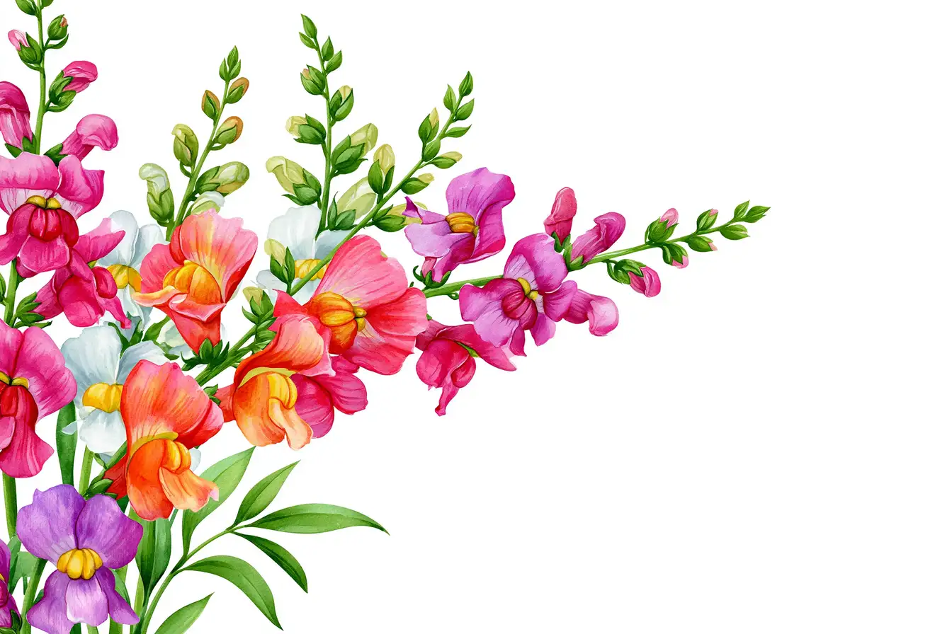 Watercolor floral arrangement with colorful snapdragons and green leaves on white background