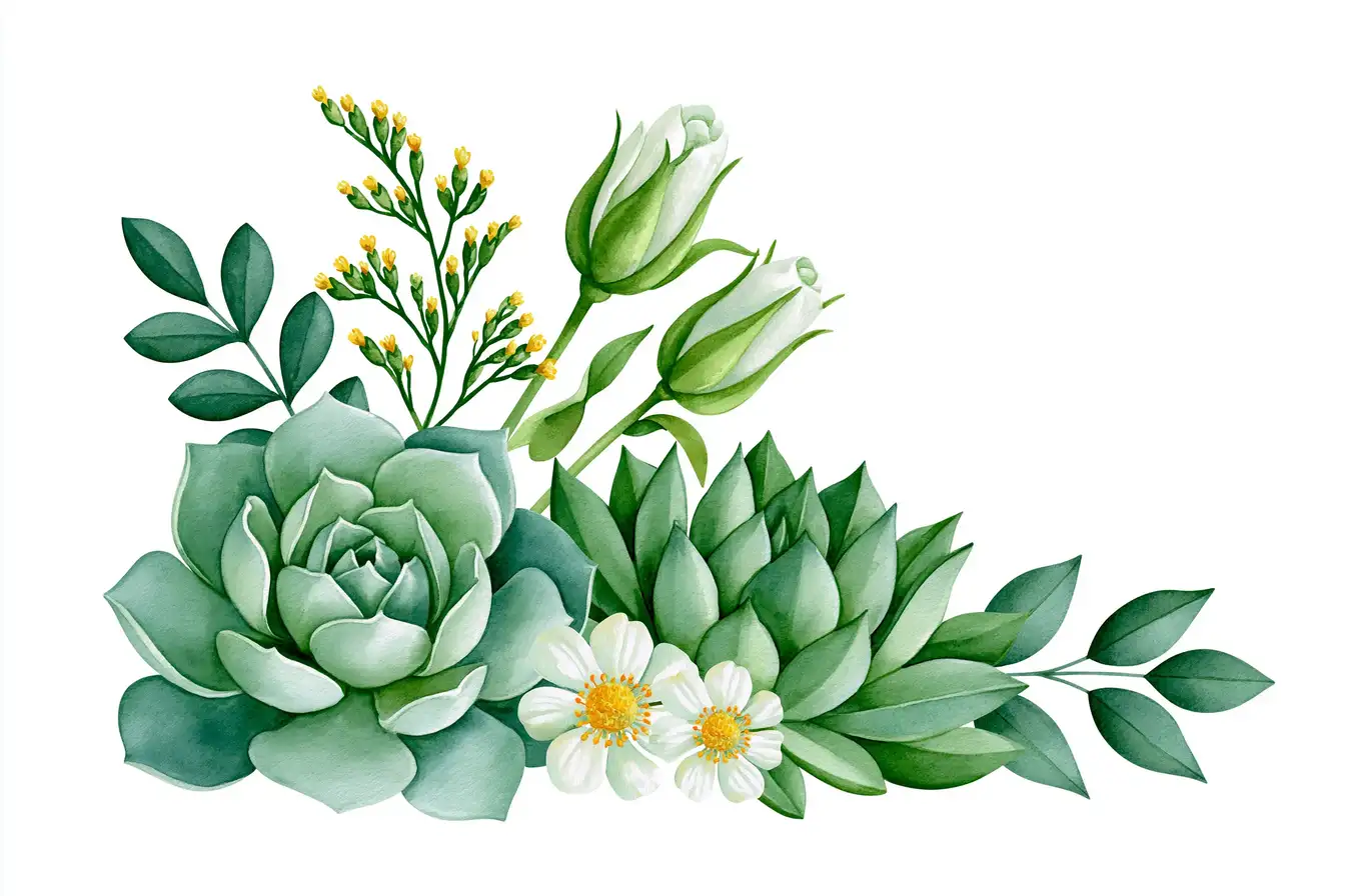 Watercolor succulent plants arrangement with green leaves and stems botanical illustration