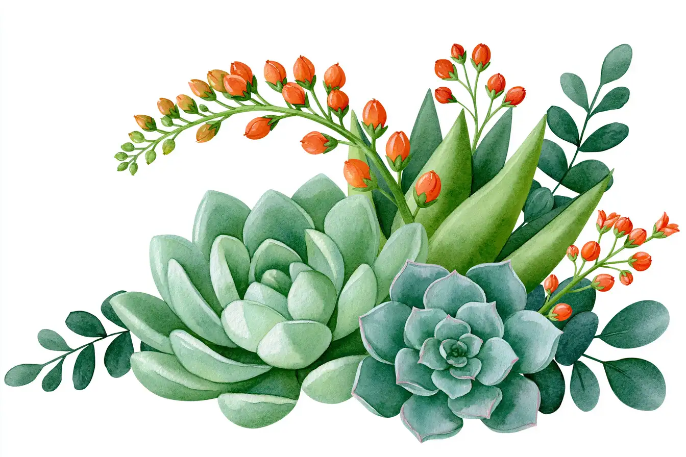 Watercolor succulent plants arrangement with green leaves and stems botanical illustration