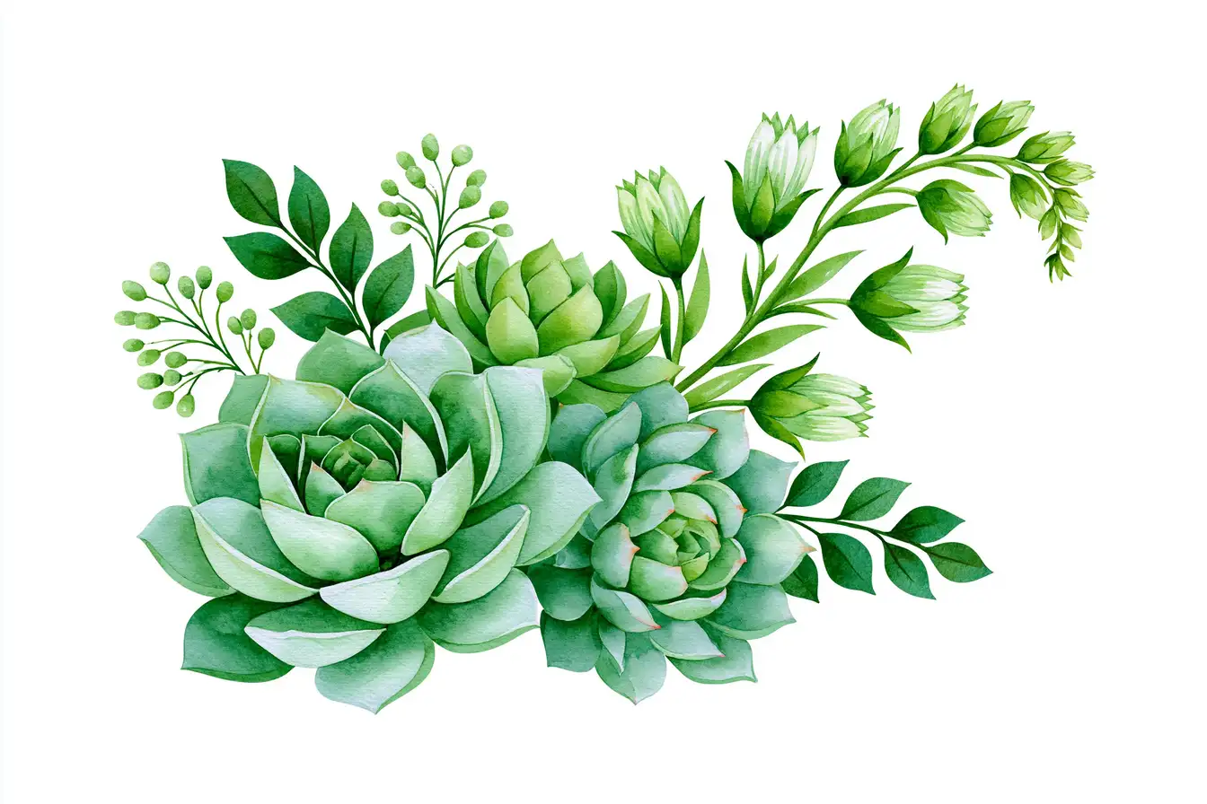 Watercolor succulent plants arrangement with green leaves and stems botanical illustration