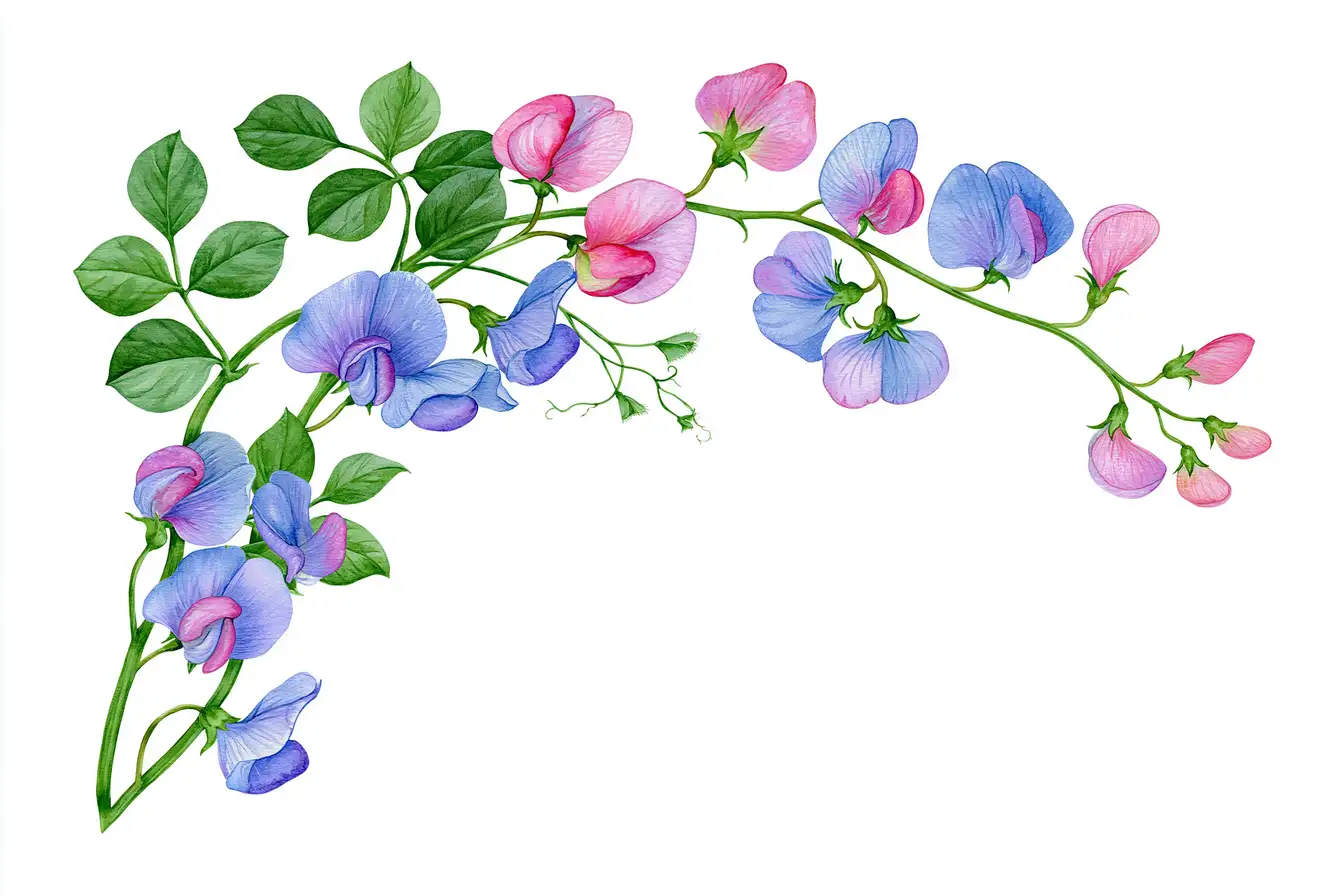Watercolor Sweet Pea Floral Arrangements on White Background