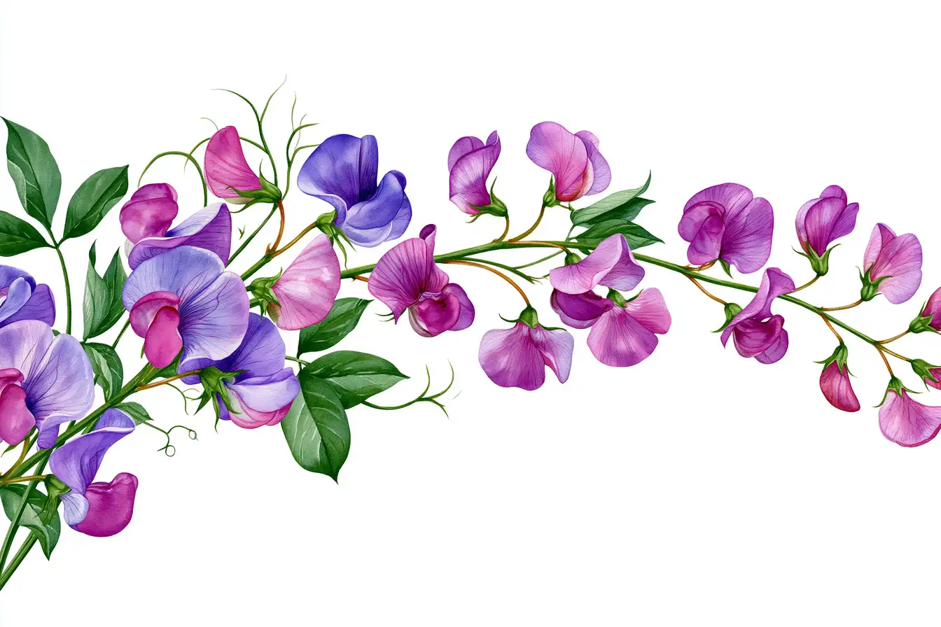 Watercolor Sweet Pea Floral Arrangements on White Background