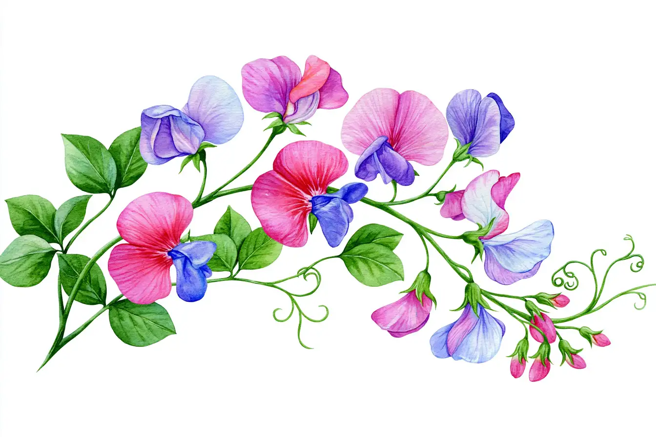 Watercolor Sweet Pea Floral Arrangements on White Background