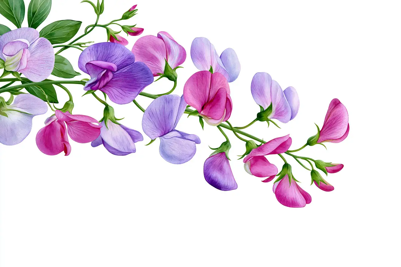 Watercolor Sweet Pea Floral Arrangements on White Background