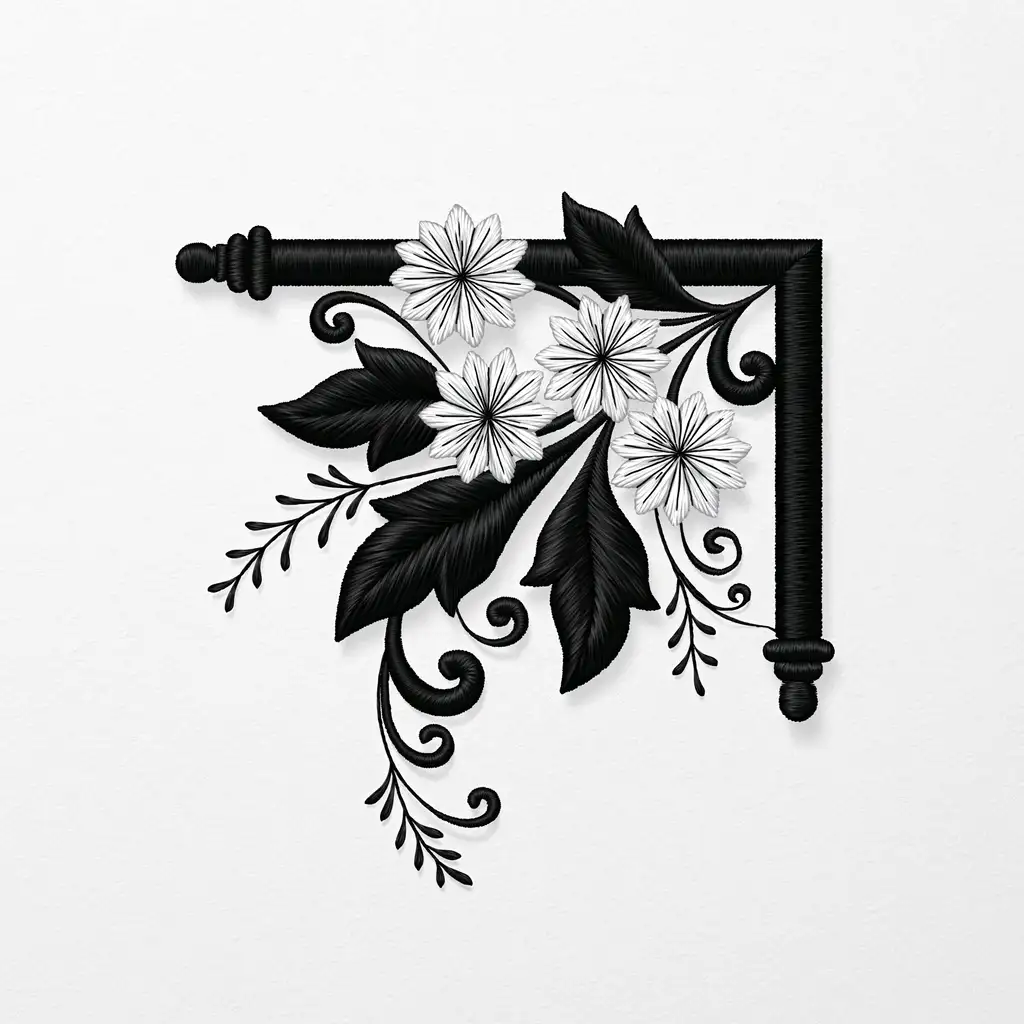 Black and white embroidered floral corner design with leaves and scrolls