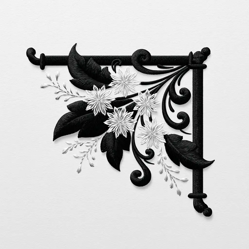 Black and white embroidered floral corner design with leaves and scrolls