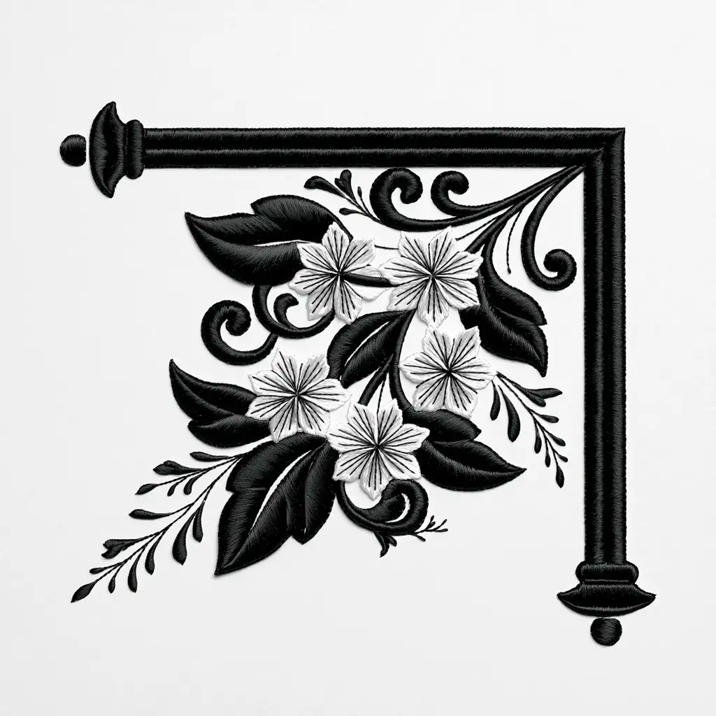 Black and white embroidered floral corner design with leaves and scrolls