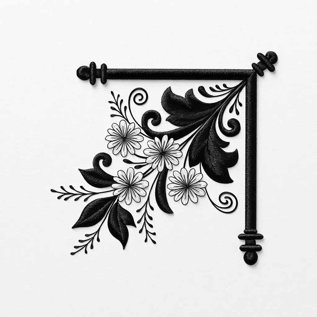 Black and white embroidered floral corner design with leaves and scrolls