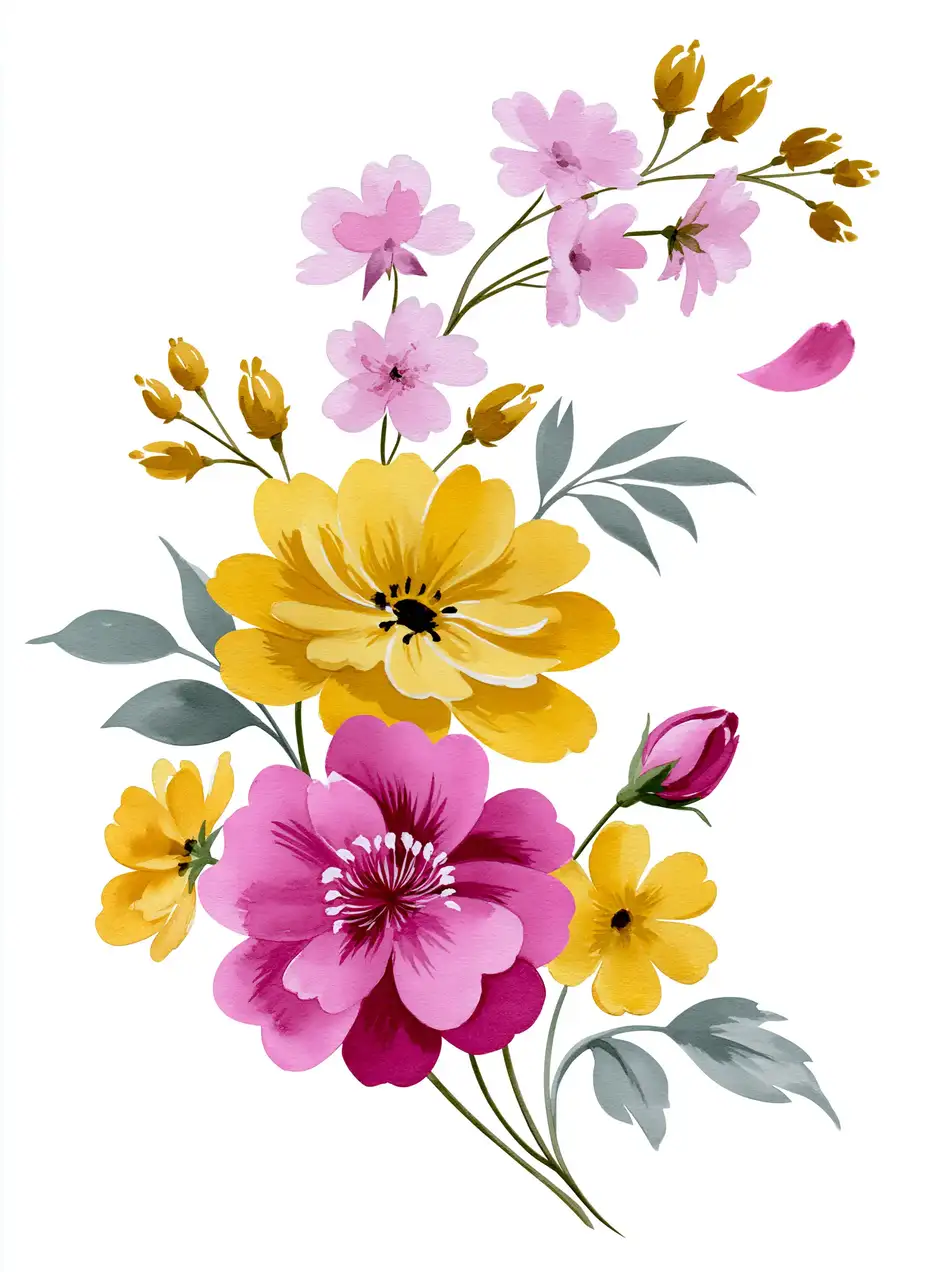 Watercolor botanical floral arrangement with yellow and pink blossoms