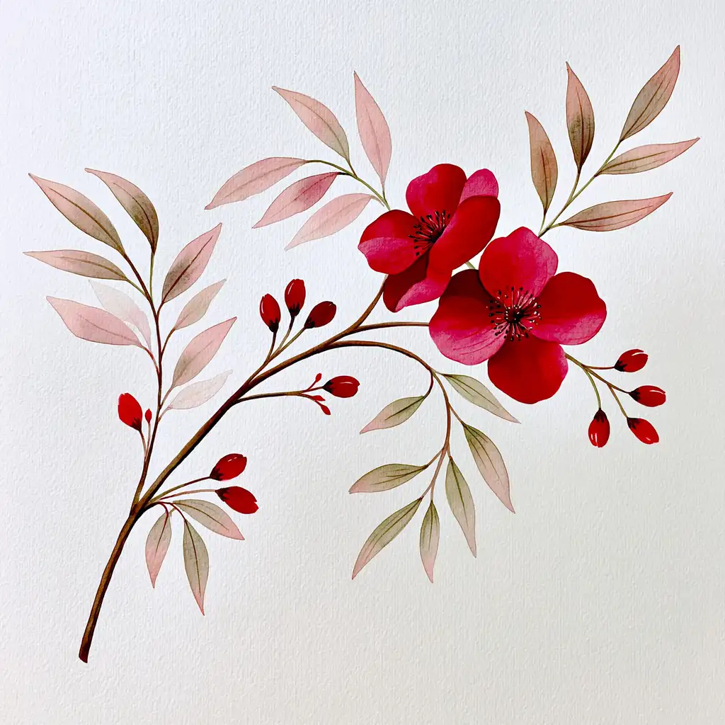 Watercolor painting of red flowers and foliage on white background