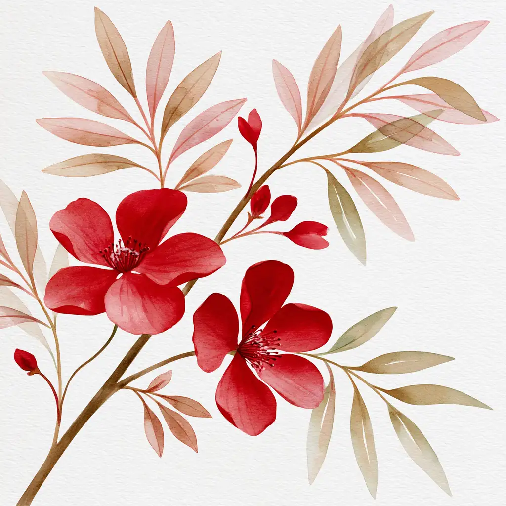 Watercolor painting of red flowers and foliage on white background