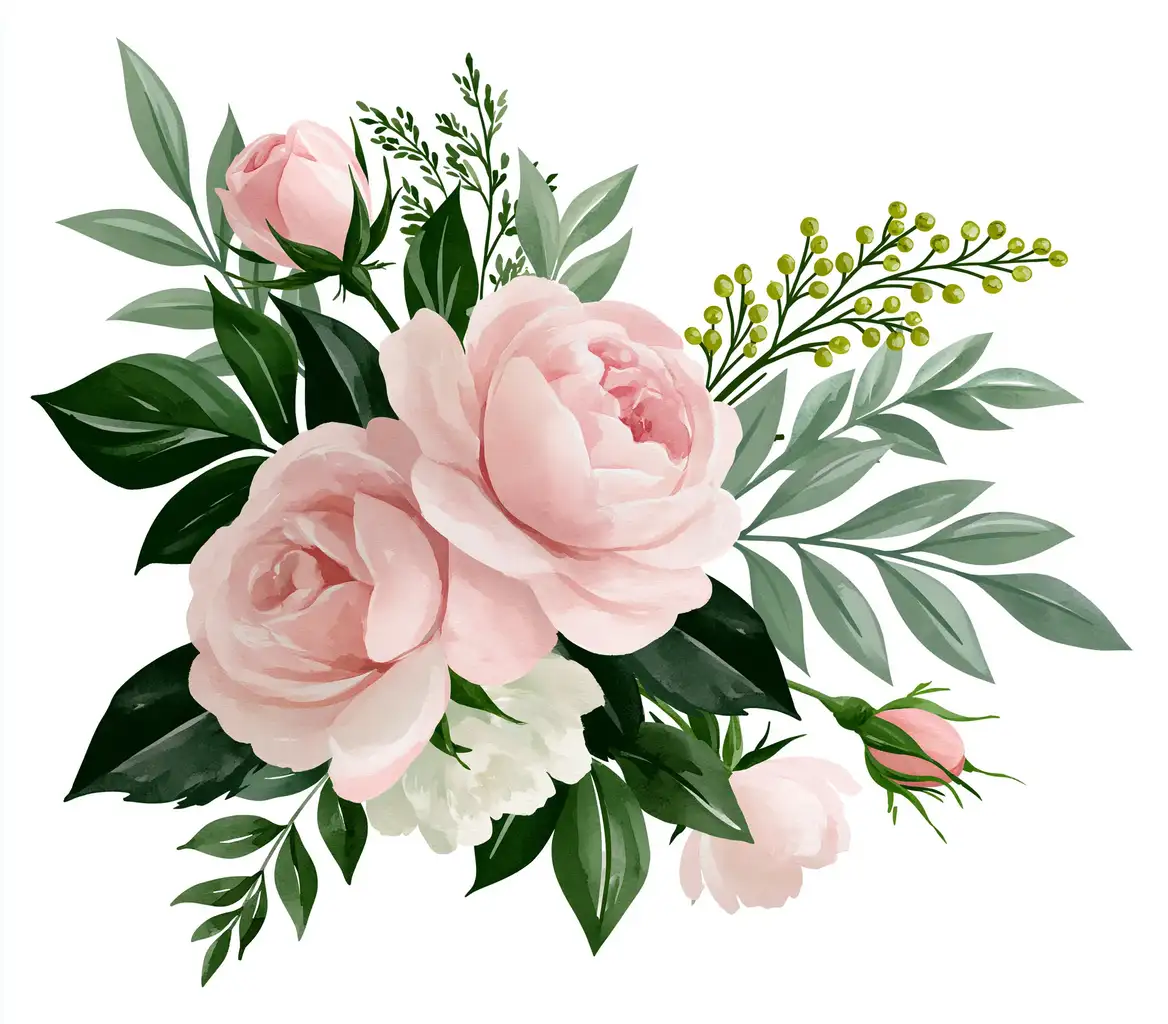 Watercolor Pink Rose Flower Arrangements Isolated on White