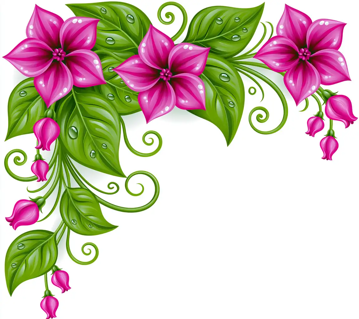 Pink Flowers and Green Leaves Corner Design Illustration
