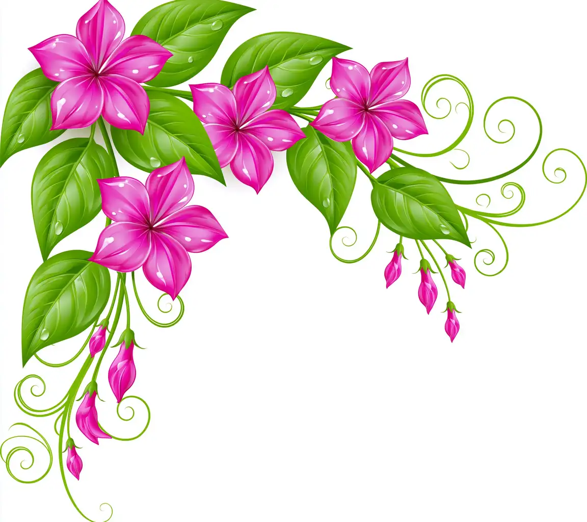 Pink Flowers and Green Leaves Corner Design Illustration
