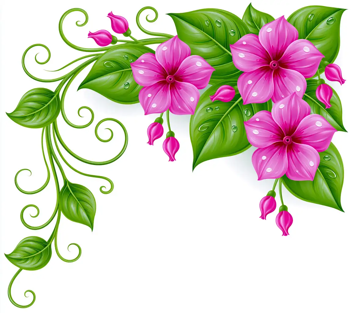 Pink Flowers and Green Leaves Corner Design Illustration