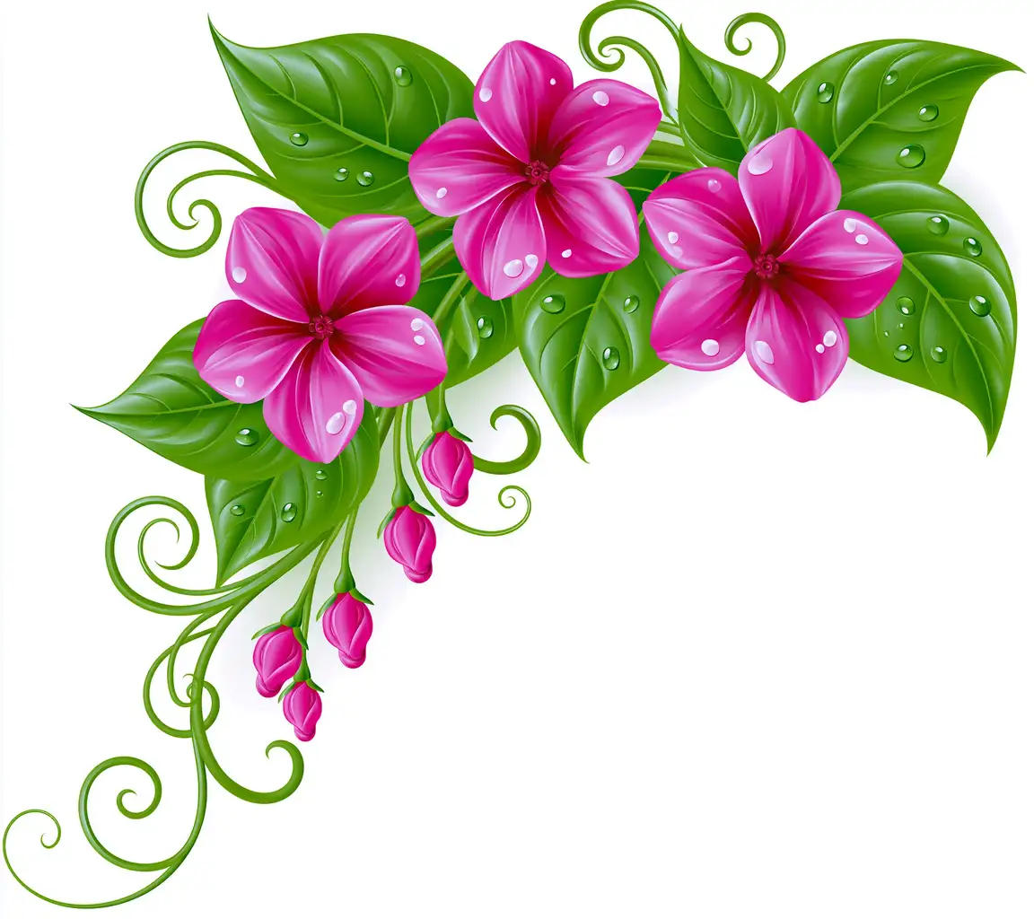 Pink Flowers and Green Leaves Corner Design Illustration