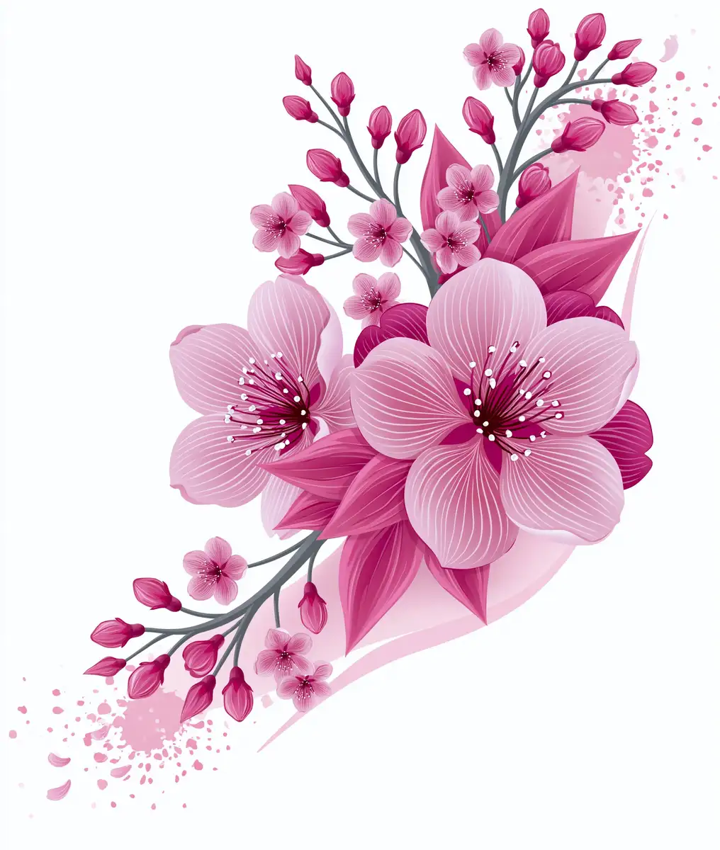 Pink Cherry Blossom Branch Illustration on White Background