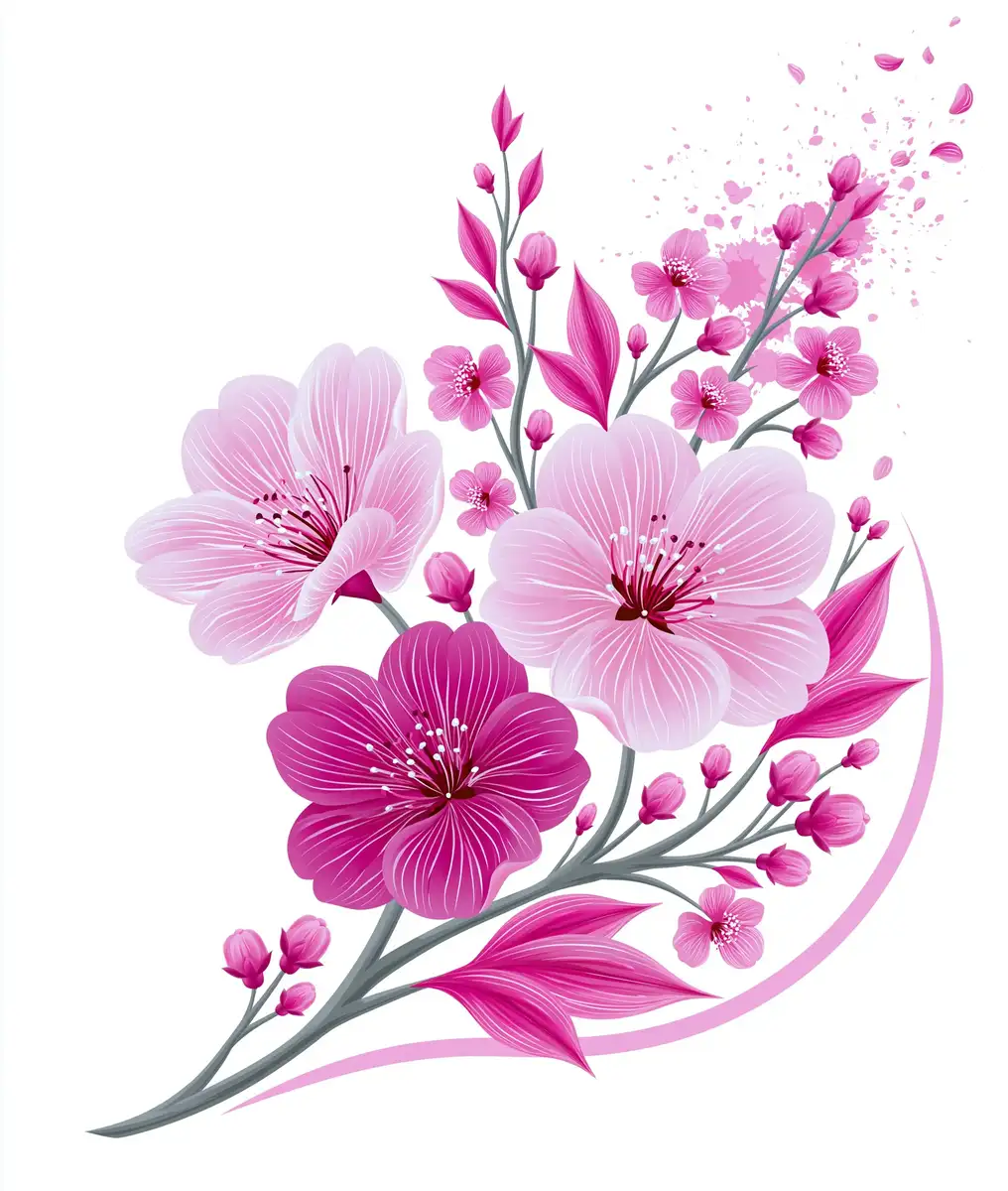 Pink Cherry Blossom Branch Illustration on White Background