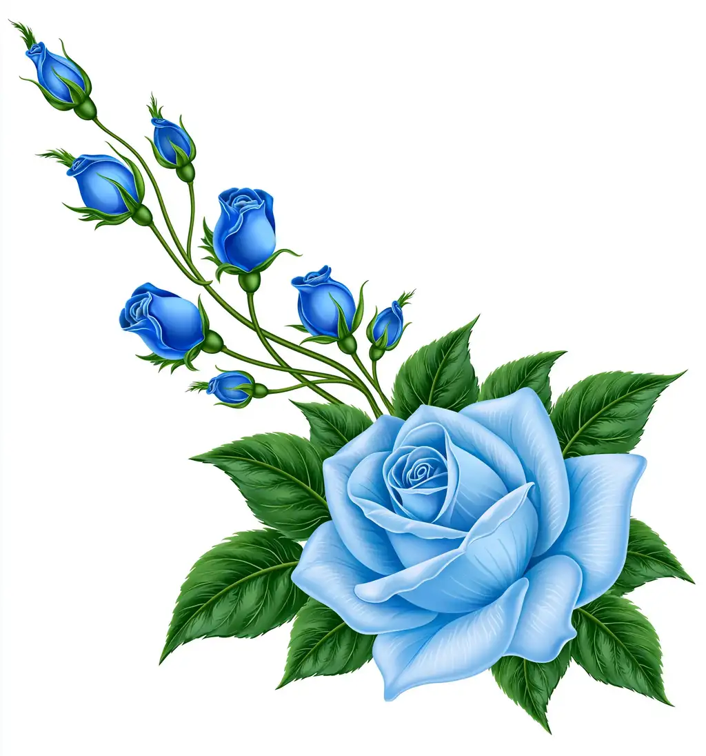 Blue rose illustration with flower buds and green leaves on white background