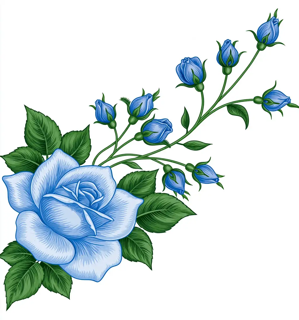 Blue rose illustration with flower buds and green leaves on white background