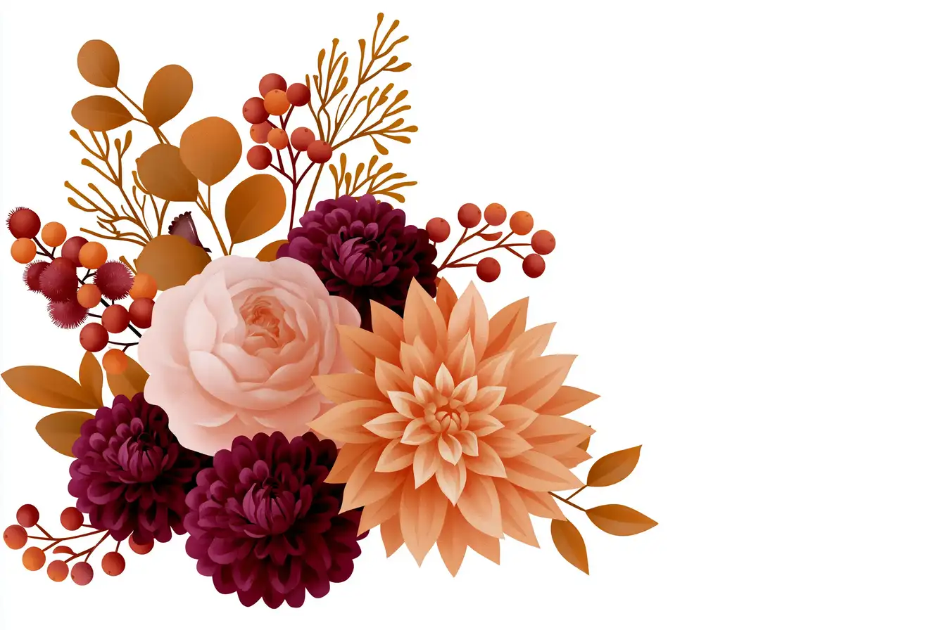 Autumn floral arrangement with pastel rose orange dahlia and maroon flowers