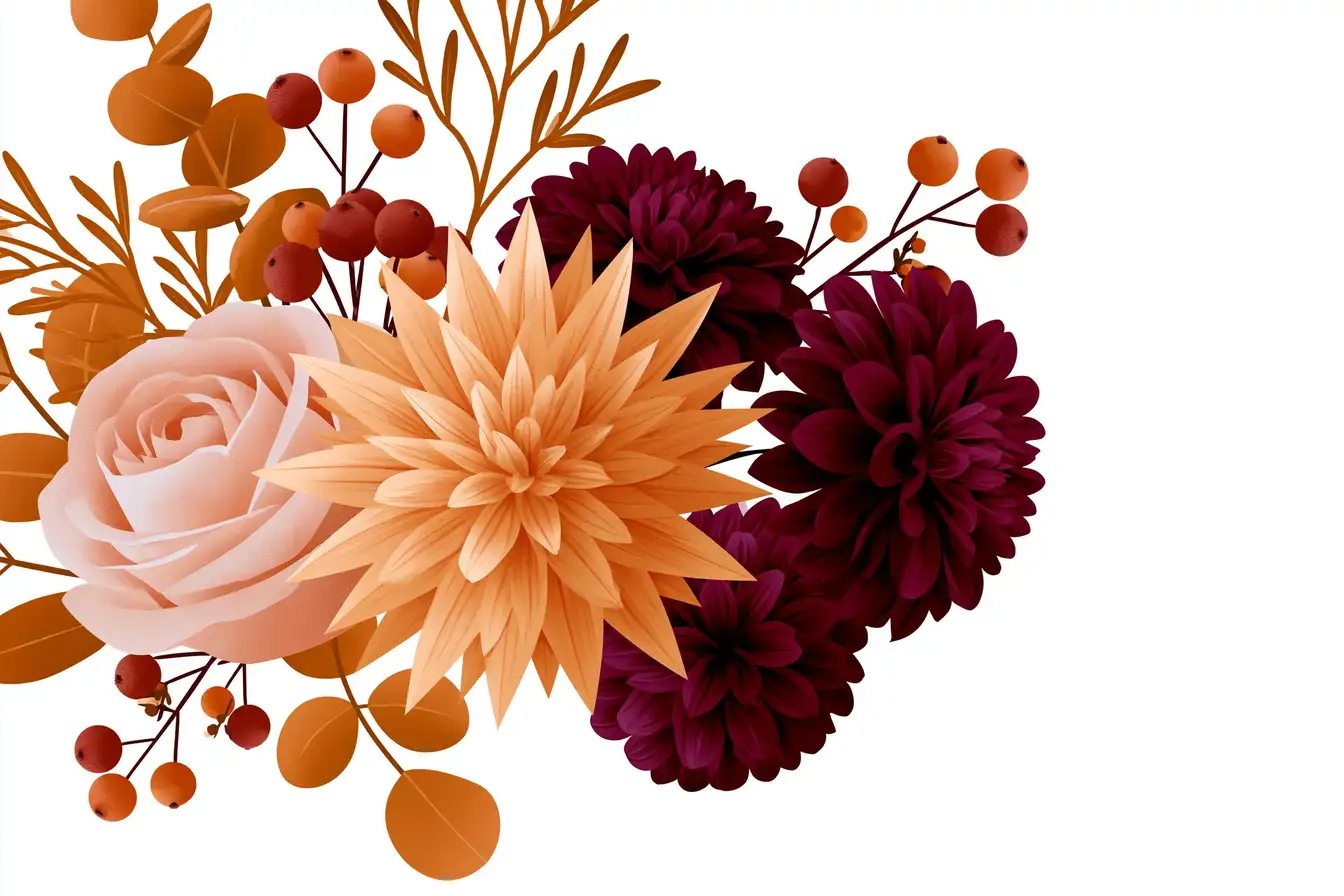 Autumn floral arrangement with pastel rose orange dahlia and maroon flowers