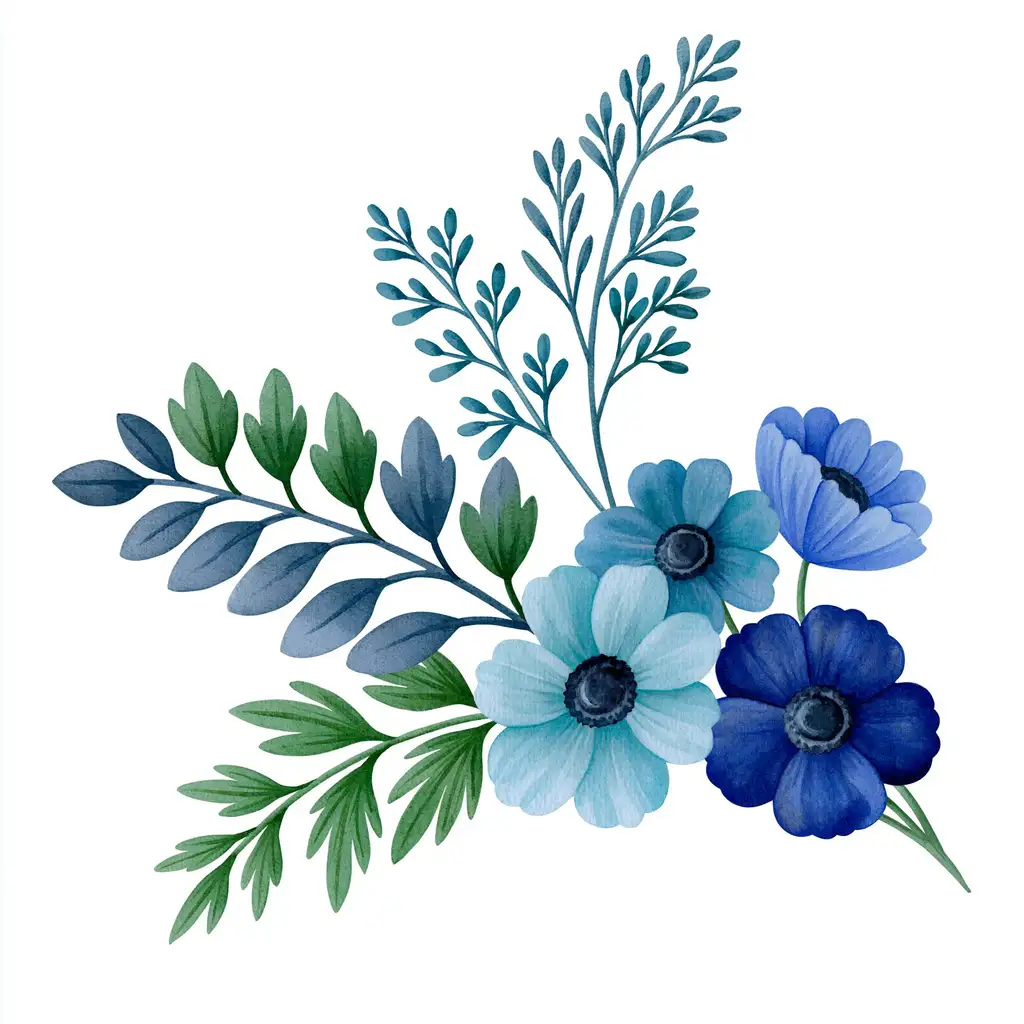 Watercolor Blue Flowers and Green Leaves Arrangement