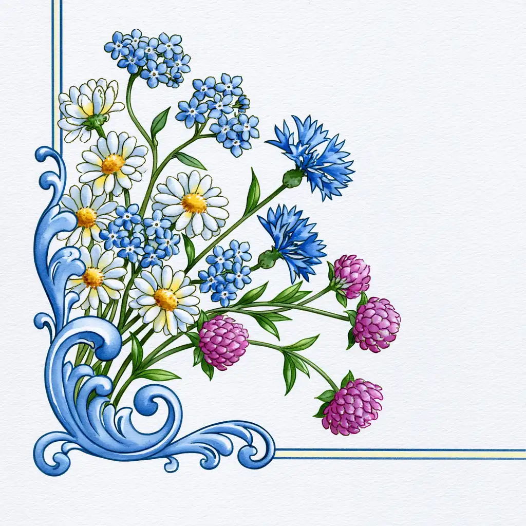 Watercolor floral arrangement with wildflowers and blue scrolls