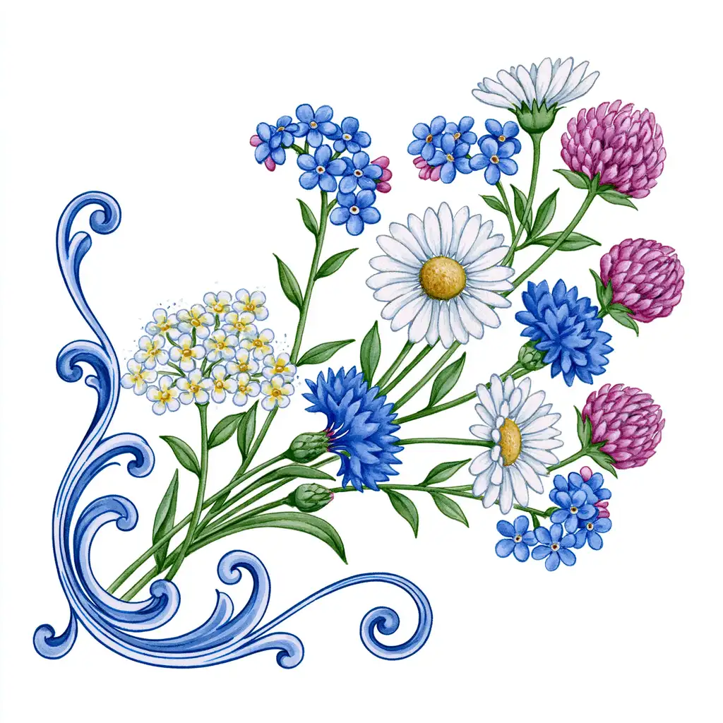 Watercolor floral arrangement with wildflowers and blue scrolls