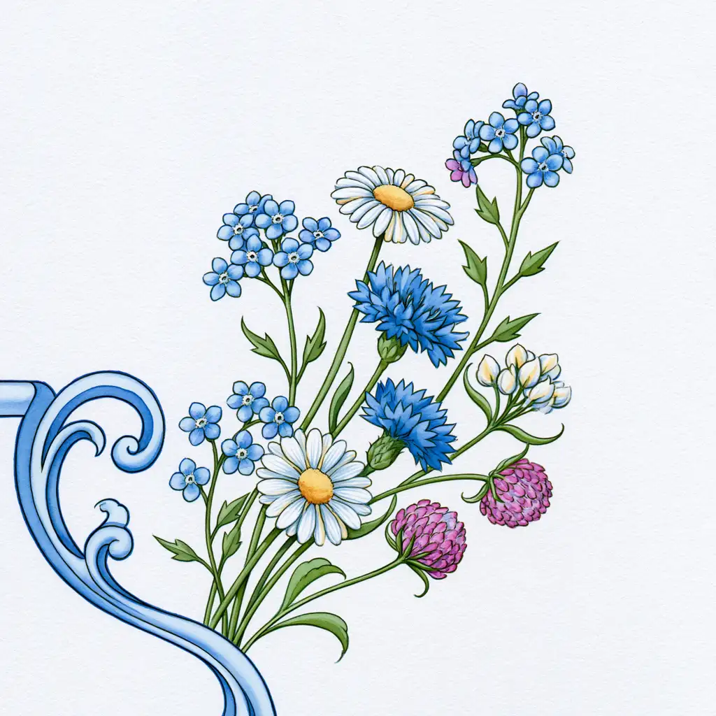 Watercolor floral arrangement with wildflowers and blue scrolls