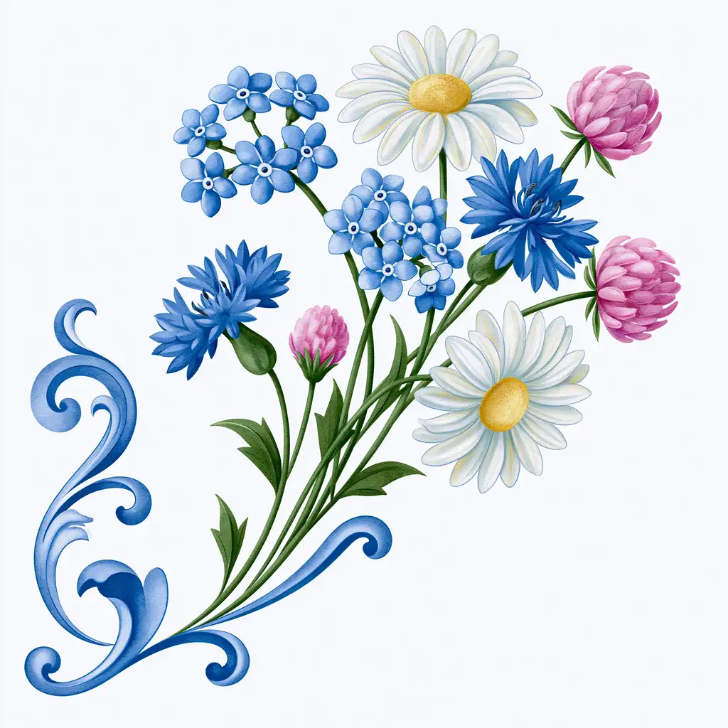 Watercolor floral arrangement with wildflowers and blue scrolls