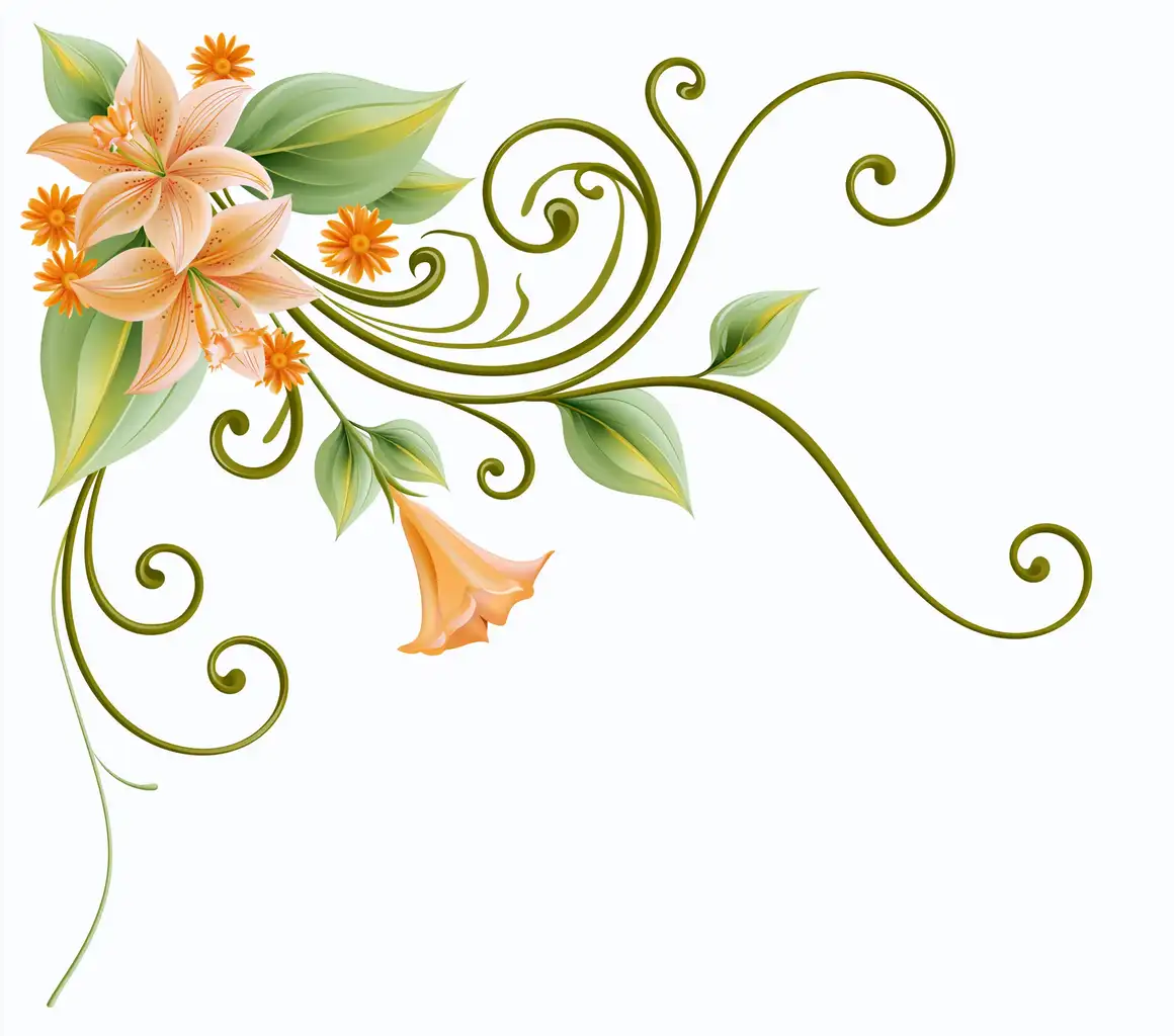 Floral Corner Border Illustration with Orange Lilies and Swirls