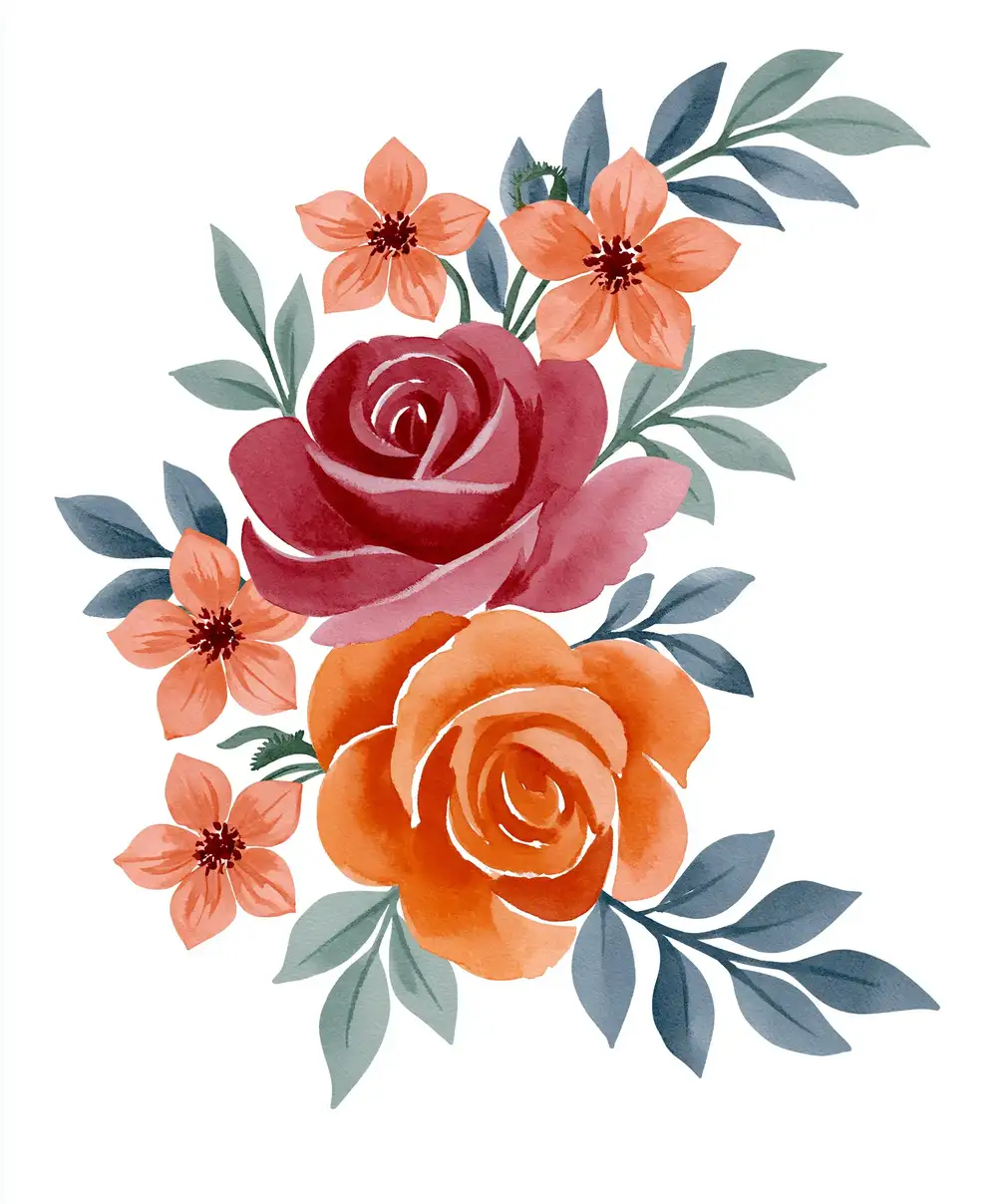 Watercolor Floral Arrangement With Roses And Leaves