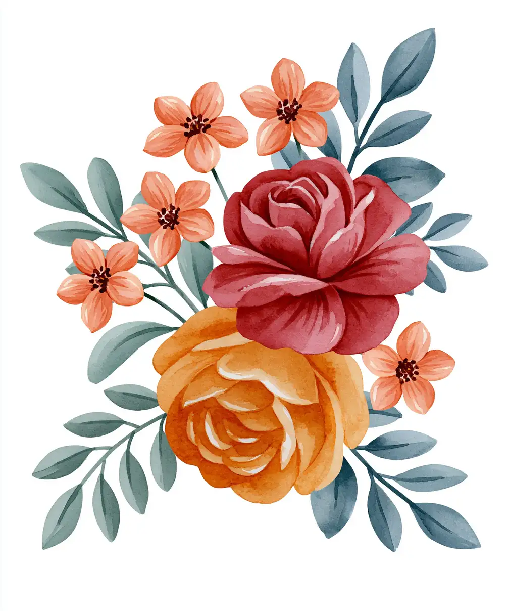 Watercolor Floral Arrangement With Roses And Leaves