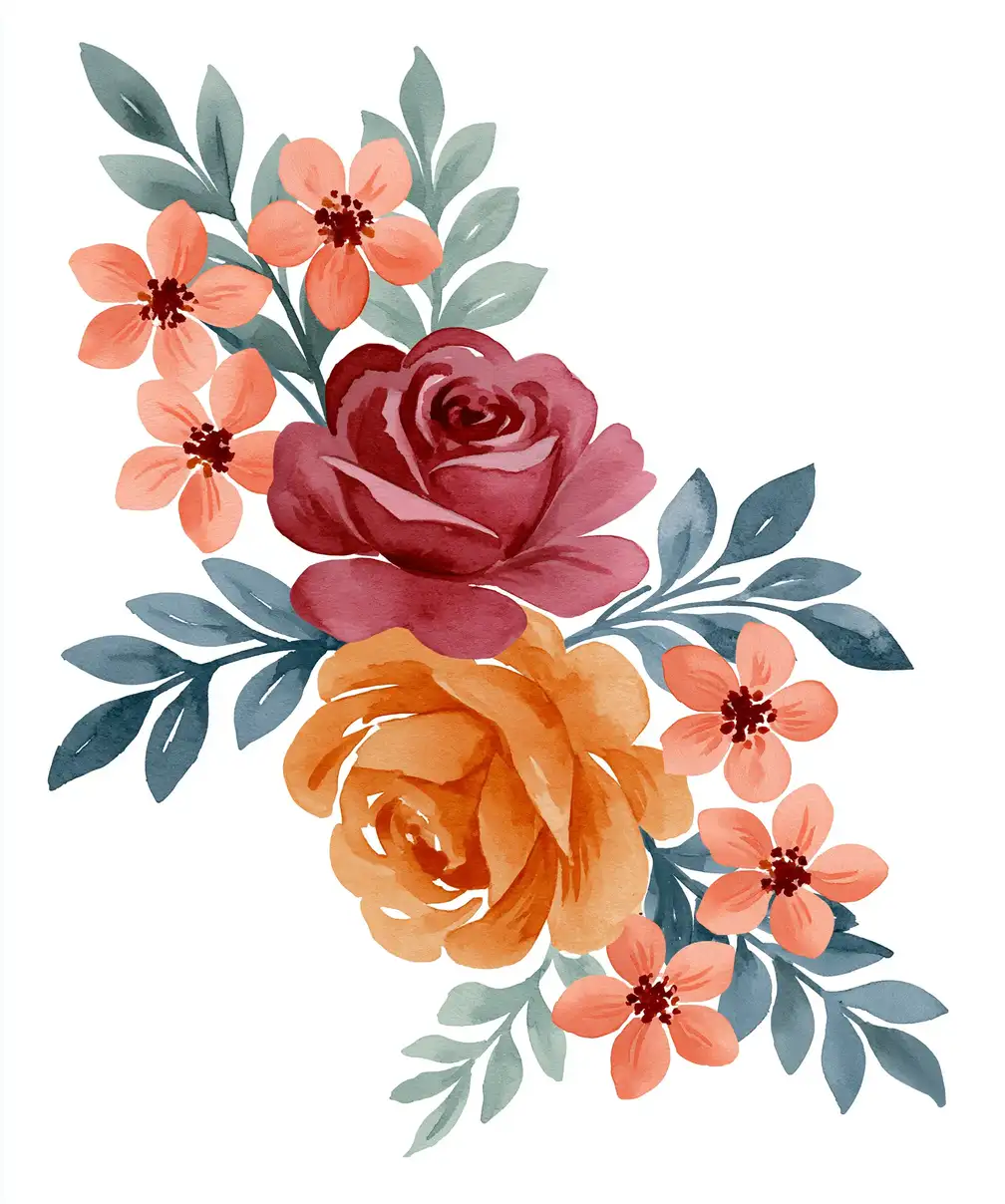 Watercolor Floral Arrangement With Roses And Leaves